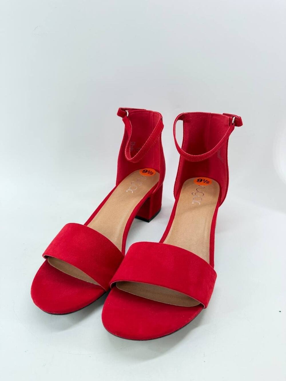 Sugar Mattie Red Block Heel Ankle Strap Sandals Women's Size 9.5M Faux Suede